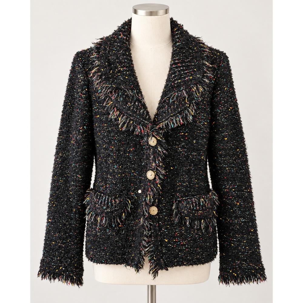 Milano Black Confetti Knit Fringed Cardigan Sweater Multi Color Flecked Button